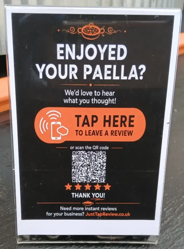 Bespoke Just Tap Review NFC Google review stand for Your Paella